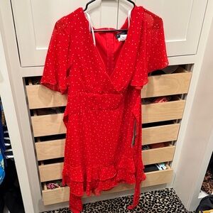B. Smart Vibrant Red Midi Dress with Dots